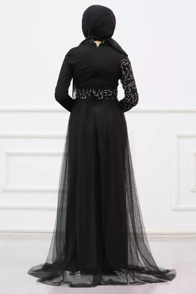 Robe de soirée hijab pour femmes - Robe de soirée hijab argentée à paillettes gms