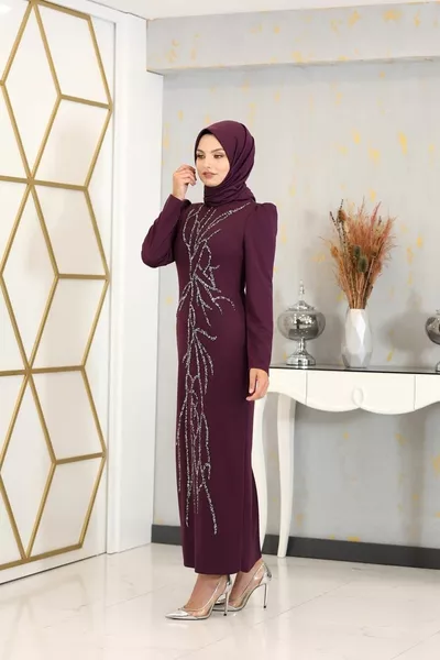 Апликация бродирана рокля с молив хиджаб слива