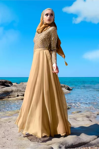 Abito da sera in chiffon con gonna oro (ORO) da donna 