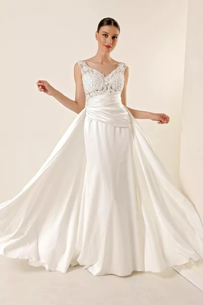Beaded Guipure Transparent Draped Lined Long Satin Dress Ecru