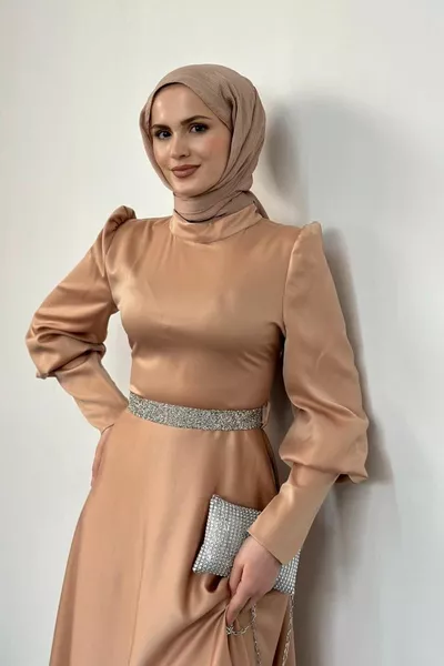 Afra Taille Steen Ballon Mouw Avondjurk Zalm