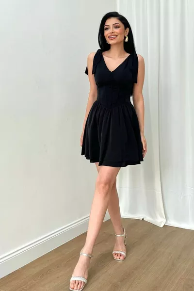 Donna Atlas Tessuto V Low-Cut Design Gonna A Strati Spalla Cravatta Nero Mini Abito Da Sera 