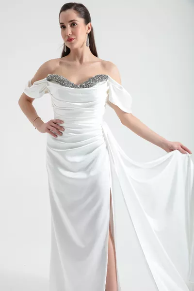 المرأة الأبيض قارب طوق شق طويل الساتان مساء اللباس