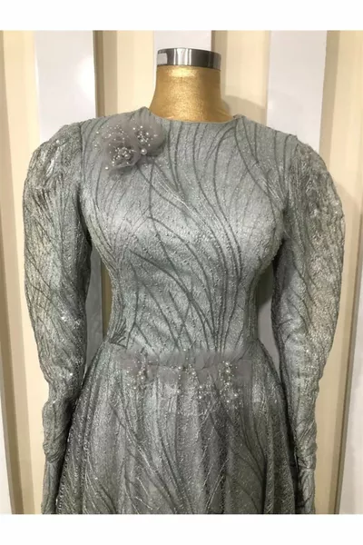 Grijze sterren vrouwen lange mouw kant geborduurd midi teshijab avondjurken  