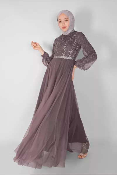 Damen Rosa (ROSE) Abendkleid aus Tüll mit Steindruck 