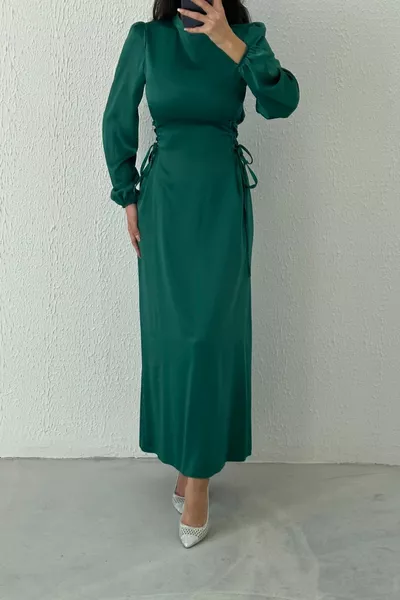 Slim Waist Design Waist Tie Green Hijab Evening Dresses