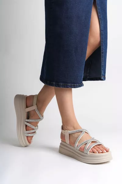 ELENA Elastische Steinstreifen Orthopädische Sohle Damen Sandalen KT Creme