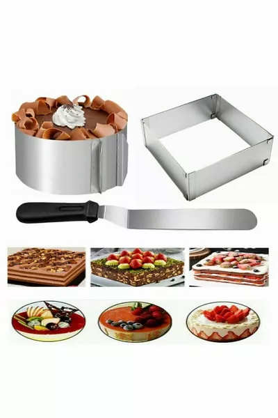 Комплект за приготвяне на торта с 3 части, включващ кръгъл, квадратен и регулируем ринг  см и наклонена шпатула, комплект за начинаещи
