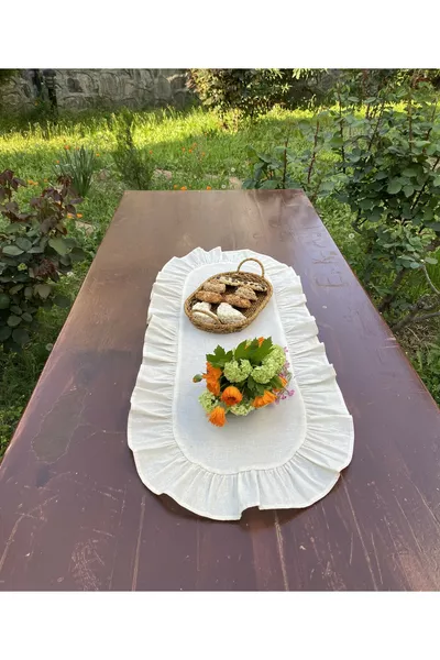 Home % Katoen Beige Raw Linnen Ovalen Runner met Ruches  cm