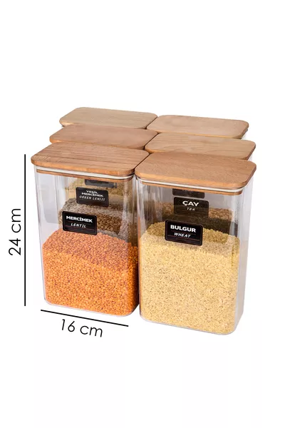Комплект от 6 дървени буркани с вакуумни капаци от акрил за съхранение на храни, контейнер и кутия, 3 литра, етикетирани