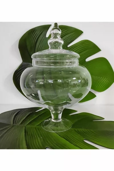 Glazen koekjesdoos op voet, snoepdoos met deksel cm