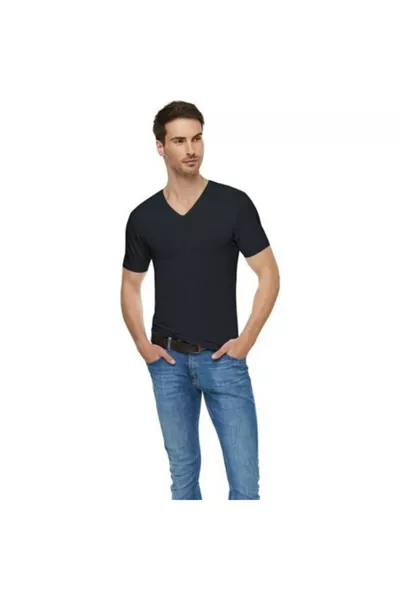 Maglietta da uomo nera in cotone con elastan e scollo a V, maniche corte, confezione da 3