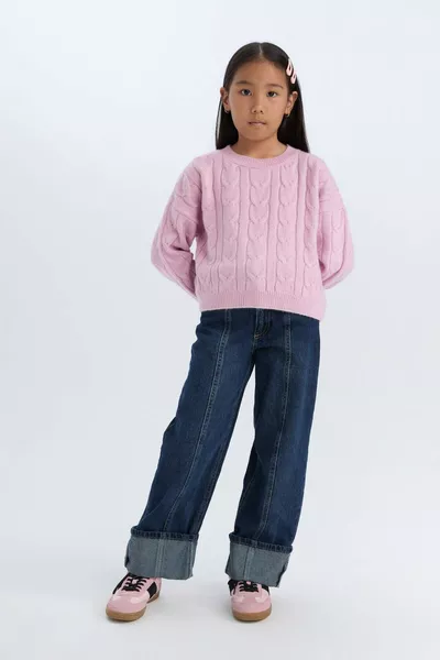 Girls' Crop Crew Neck Braided Knit Sweater AU