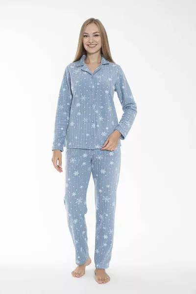 طقم بيجامة قطني نسائي شتوي أزرق بنقشة الثلج مع أزرار أمامية