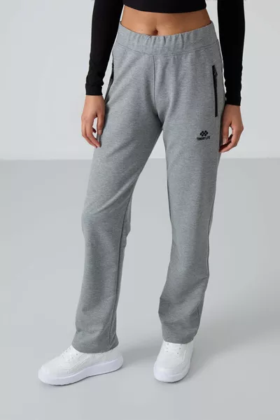 Grauer Melange-Sweatpants für Damen mit Reißverschluss und Taschen, entspannte Passform, klassischer Beinabschluss - 