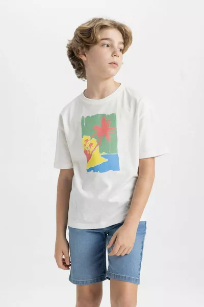 Boys' Oversized Loose Fit Crew Neck Printed Short Sleeve T-Shirt SM
