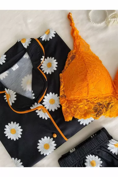 4-piece Combed Larin Daisy Long Sleeve Pajamas Underwear Set