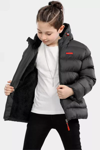 معطف شتوي سميك مقاوم للماء للأطفال الصبيان بلون أنثراسيت مع بطانة من الفرو الداخلية والقبعة