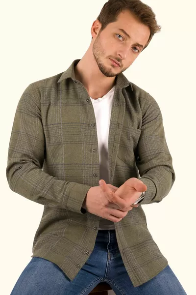 Haki Tek Cepli Oduncu Slimfit Gömlek