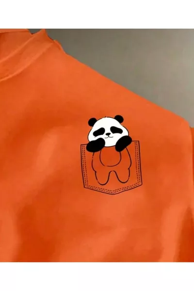 Оверсайз оранжевая унисекс футболка с карманом и принтом панды, свободного кроя