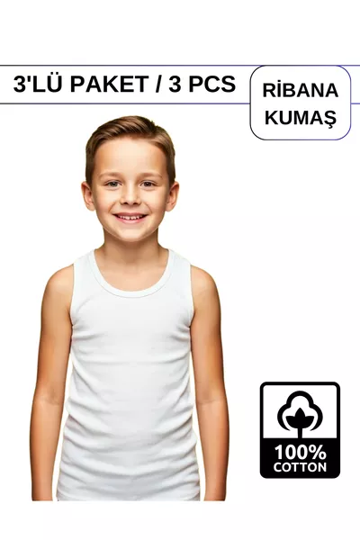 Boys' Cotton Ribbed Tank Top, Crew Neck, Pack of 3 - 1 Black - 1 White - 1 Grey Melange