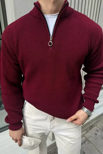 كنزة رجالية صوفية سميكة بياقة عالية وسحّاب نصفي