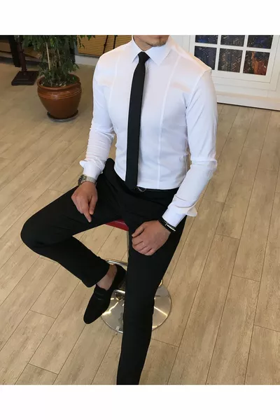 قميص رجالي بقصة ضيقة على الطراز الإيطالي مع ياقة ربطة عنق أبيض 