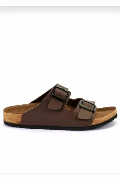 МУЖСКИЕ ТАПОЧКИ УНИСЕКС ПОВСЕДНЕВНЫЕ ТАПОЧКИ С ПРЯЖКОЙ КОРИЧНЕВОЙ КОЖИ