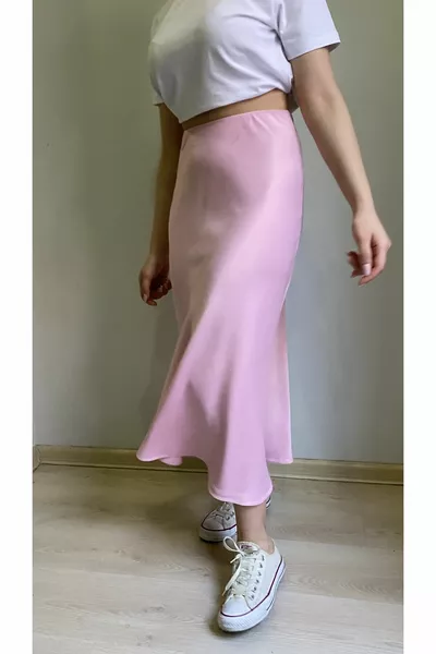 فسكوزي الساتان النسيج Verev نموذج ميدي طول تنورة الوردي