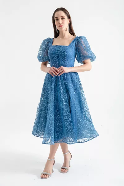 المرأة النيلي بالون الأكمام بريق ميدي مساء اللباس