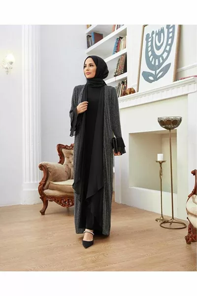Simli Kumaş Hırka Ve Içlik Siyah Yelek 2'li Abiye Takım