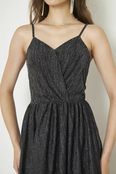 Дамска черна блестяща тъкан Деколте Цепка Детайлна Дълга Черна Вечерна Рокля