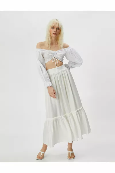 تنورة طويلة فسكوزي منتفخة كشكشة عالية الخصر