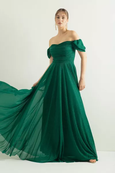 المرأة الزمرد الأخضر قارب الرقبة رايات شق طويل بريق مساء اللباس