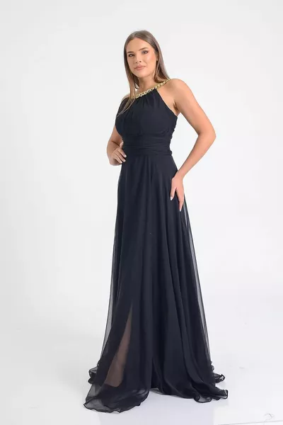 Black Collar Chain Evening Dress