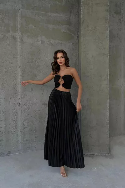 Pileli Maxi Boy Astarlı Saten Etek Siyah