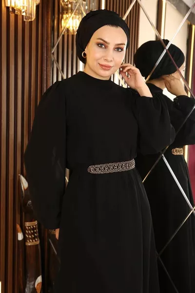 حزام مفصل الشيفون مساء اللباس أسود 