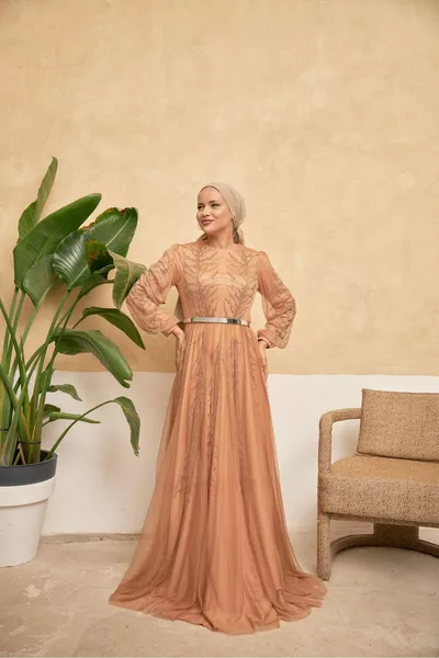 Hijab Evening Dress with Stones on Tulle