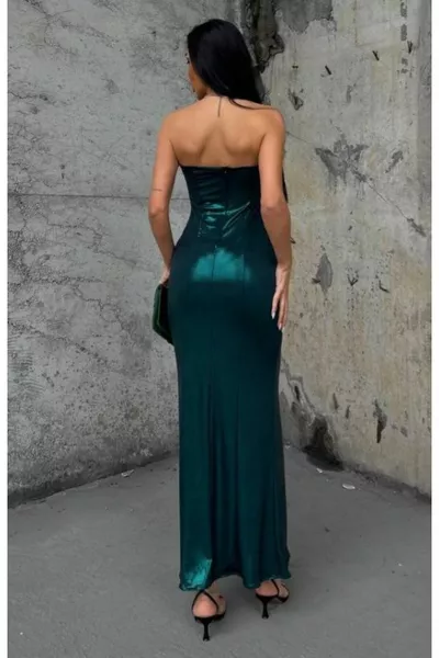 Женское блестящее длинное вечернее платье с разрезом