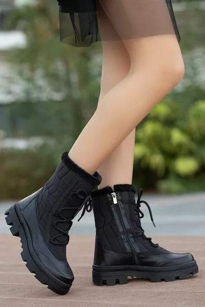 Zwart Veterleer Antislipzool voor dames Wollen parachute Stof Laarzen Platte zool Bootie