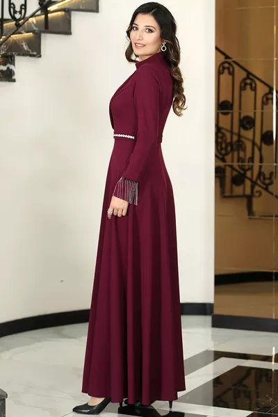 Ямочка Двойной Шёлк Вечернее Платье Воротник И Рукав Манжета Цепочка Детализированный Хиджаб Платье