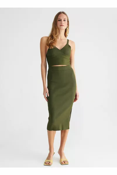 Elasticated Waist Green Women's Straight Midi Skirt Tapeworm