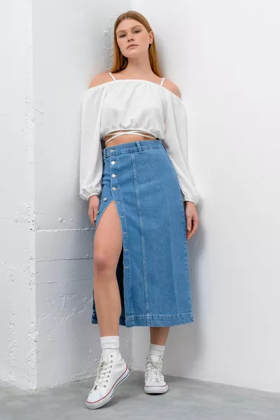 Дамска дънкова пола с макси дължина с копчета Stone Blue