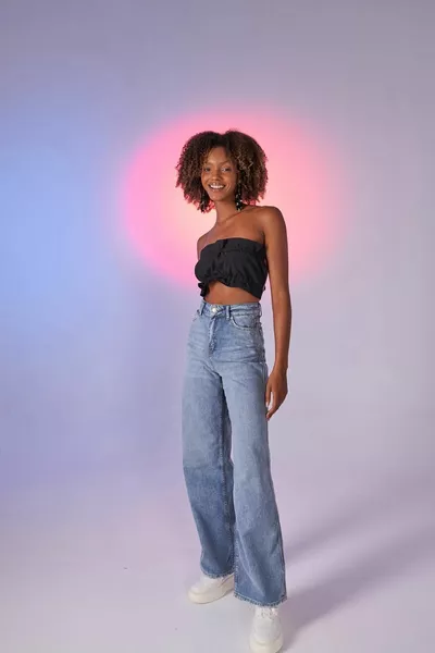 Blaue Carino Jeans mit hohem Bund und weitem Bein für Damen