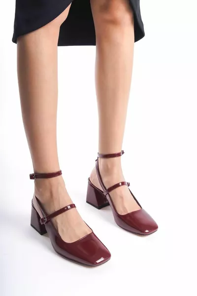 موليا بورجوندي براءات الاختراع والجلود ماري جين سميكة الكعب الكاحل حزام أحذية