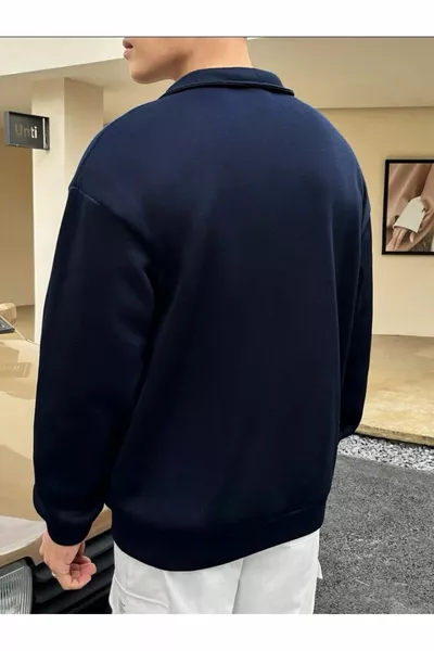 للجنسين زيبر طوق الأزرق الداكن قميص من النوع الثقيل