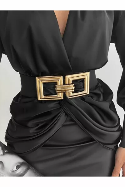 المرأة الذهب الأسود Snap-On مربع مشبك مطاط اللباس سترة حزام 