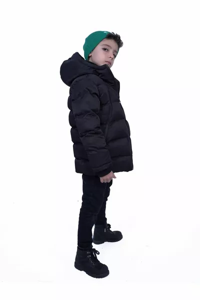 Black Boys' Coat Fur Plush Lined Fixed Hooded Black Kids Coat