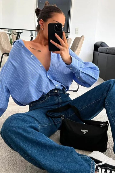 بلو بالازو جينز نسائي بخصر مرتفع 