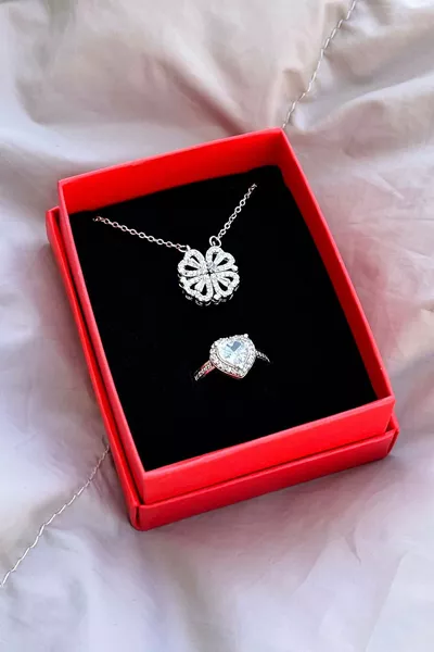 Цирконов камък прибиращ се магнит Колие от стоманена детелина и сребърен циркон регулируем пръстен